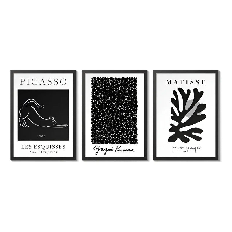 Set 3 Cuadros Picasso Matisse Kusama Black Minimalista Arte Marco Negro