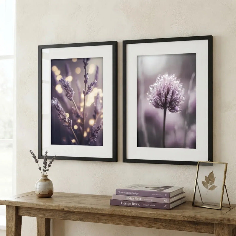 Set 2 Cuadros Flores Lavanda Cola Liebre Purple Con Paspartú Marco Negro