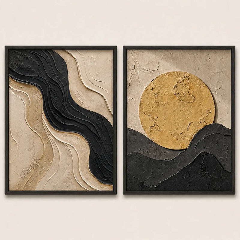 Set 2 Cuadros Living Dormitorio Abstracto 3d Sol Beige Oro Marco Negro