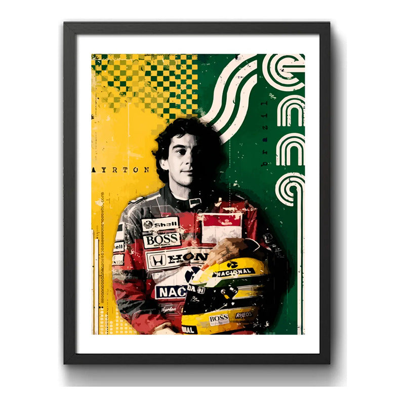 Cuadro Ayrton Senna Formula 1 Mclaren Casco Amarillo Arte Marco Negro