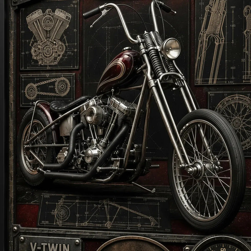 Cuadro Chopper Vintage Moto Icónico Detalles Specs Efecto 3d Marco Negro