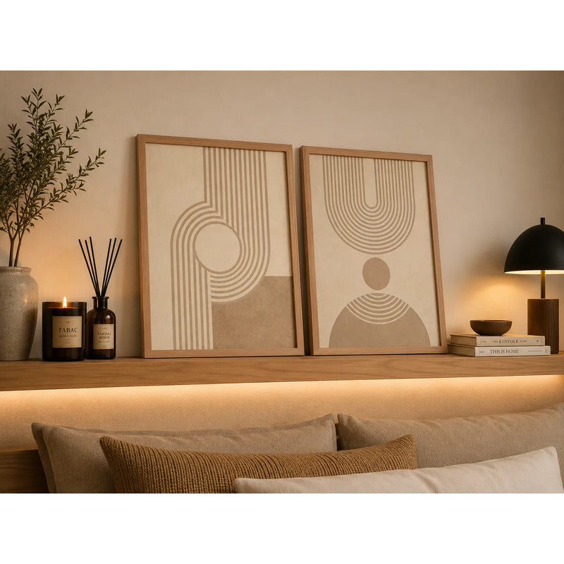 Set 2 Cuadros Dormitorio Living Boho Arcos Y Círculos Beige Marco Marrón Claro