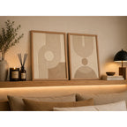Set 2 Cuadros Dormitorio Living Boho Arcos Y Círculos Beige Marco Marrón Claro