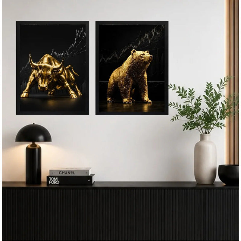 Set 2 Cuadros Toro Y Oso De Wall Street Dorado Arte Golden Marco Negro
