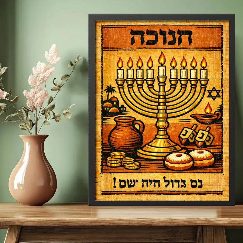 Cuadro Arte Judaico Janucá Hanukkah Candelabro Retro Vintage Marco Negro