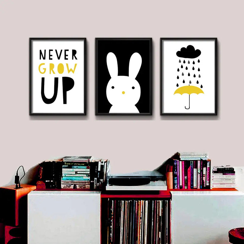 Set 3 Cuadros Conejo Frase Decoracion Dormitorio Infantil Marco Negro