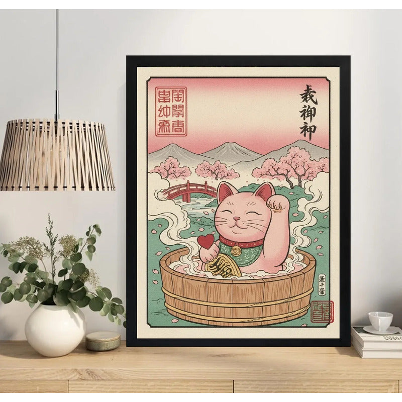Cuadro Bano Gato De La Suerte Banera Rosa Flor Cerezo Japón Marco Negro