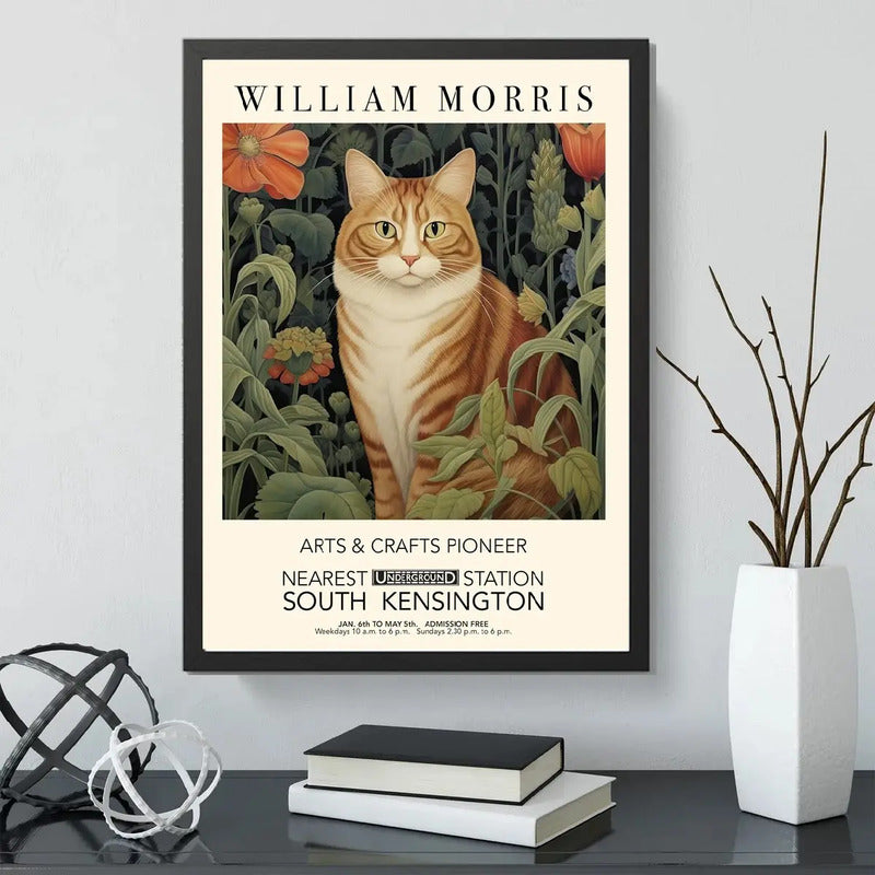 Cuadro Gato Flores William Morris Art & Crafts Exposición Marco Negro