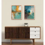 Set 2 Cuadros Dormitorio Living Abstracto Verde Azulado Ocre Marco Marrón Claro