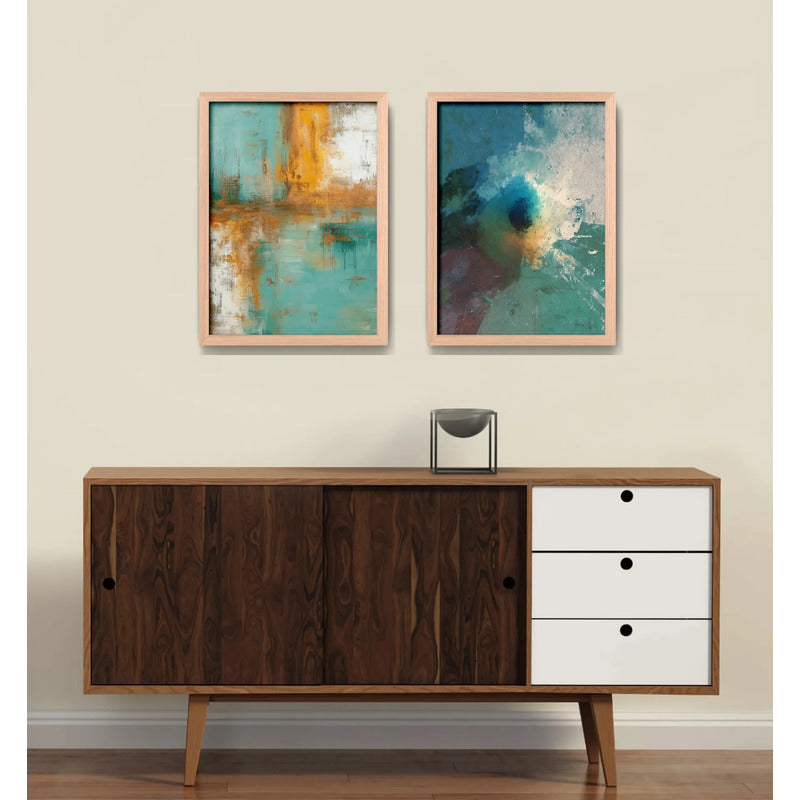 Set 2 Cuadros Dormitorio Living Abstracto Verde Azulado Ocre Marco Marrón Claro