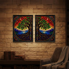Set 2 Cuadros Arbol De La Vida Estilo Vitral Mural Díptico Marco Negro