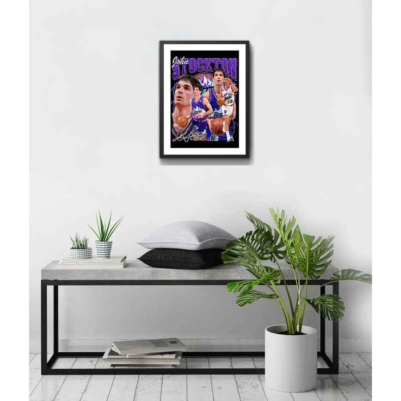 Cuadro John Stockton Utah Jazz Signature Basket Baloncesto Marco Negro