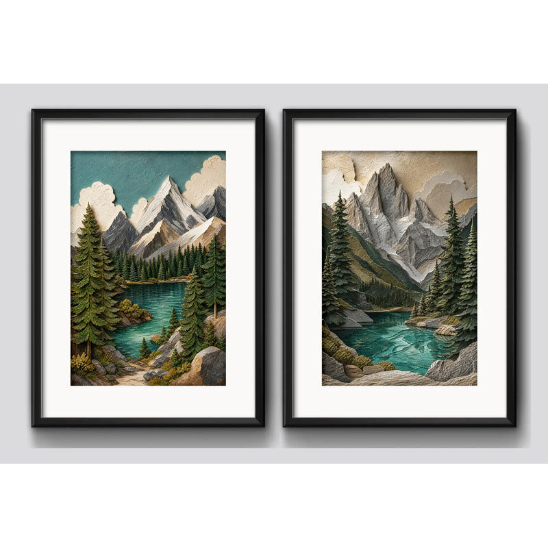 Set 2 Cuadros Paisaje Montañosa Textura 3d Brs1 Con Paspartu 43x33cm Cada Cuadro Negro