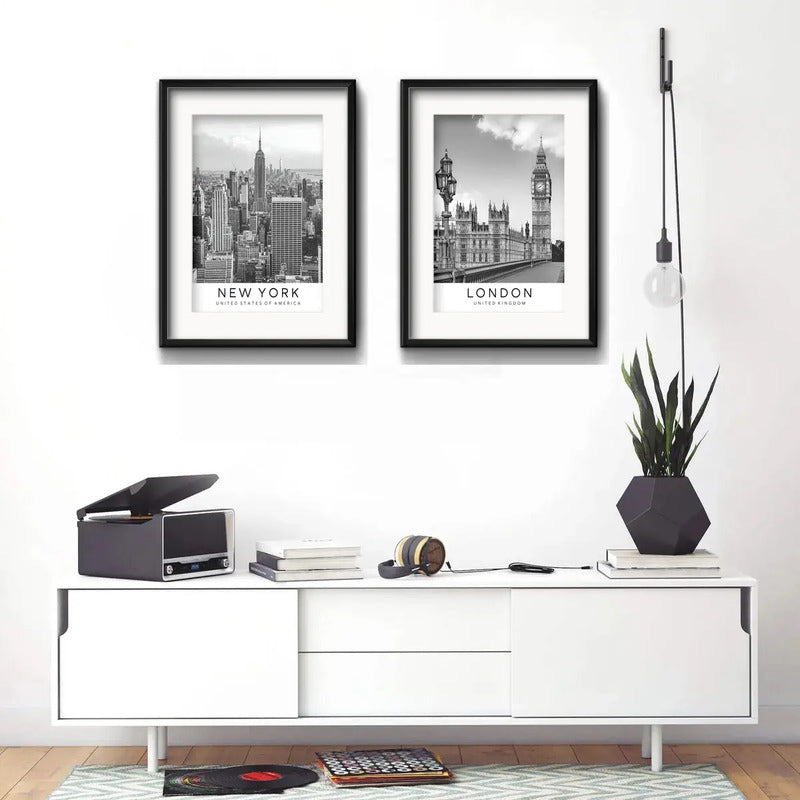 Set 2 Cuadros New York Londres Blanco Negro 53x43cm Paspartú Marco Negro