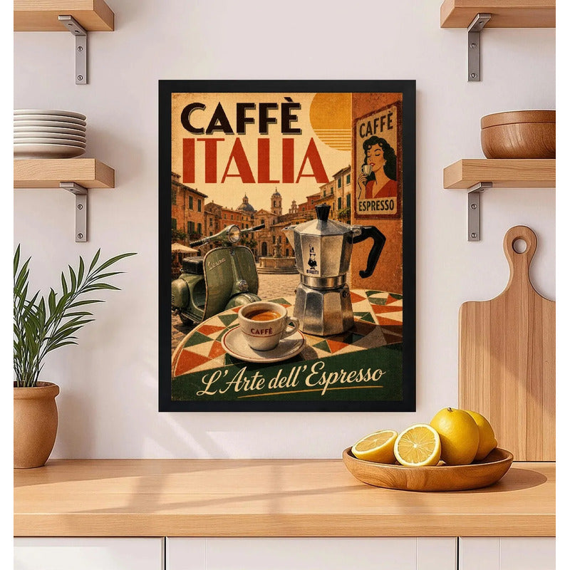 Cuadro Café Italia Arte Espresso Vespa Retro Cocina Vintage Marco Negro