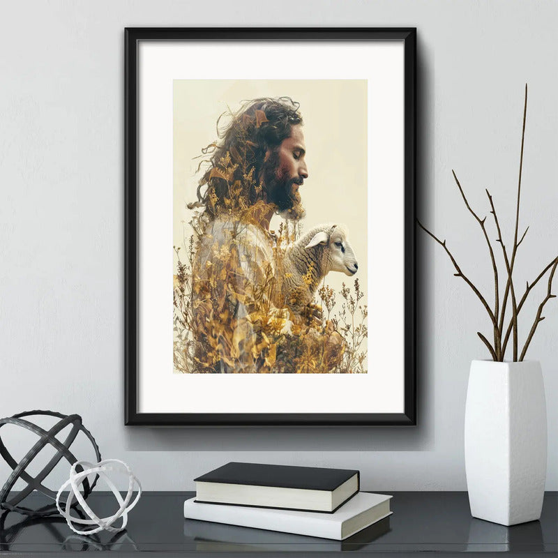 Cuadro Jesús Cristo Senor Y El Cordero De Dios Con Paspartú Marco Negro