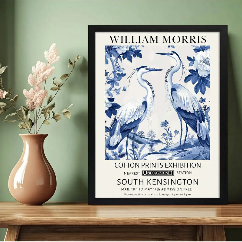 Cuadro Garzas Botanico William Morris En Azul Y Blanco Arte Marco Negro