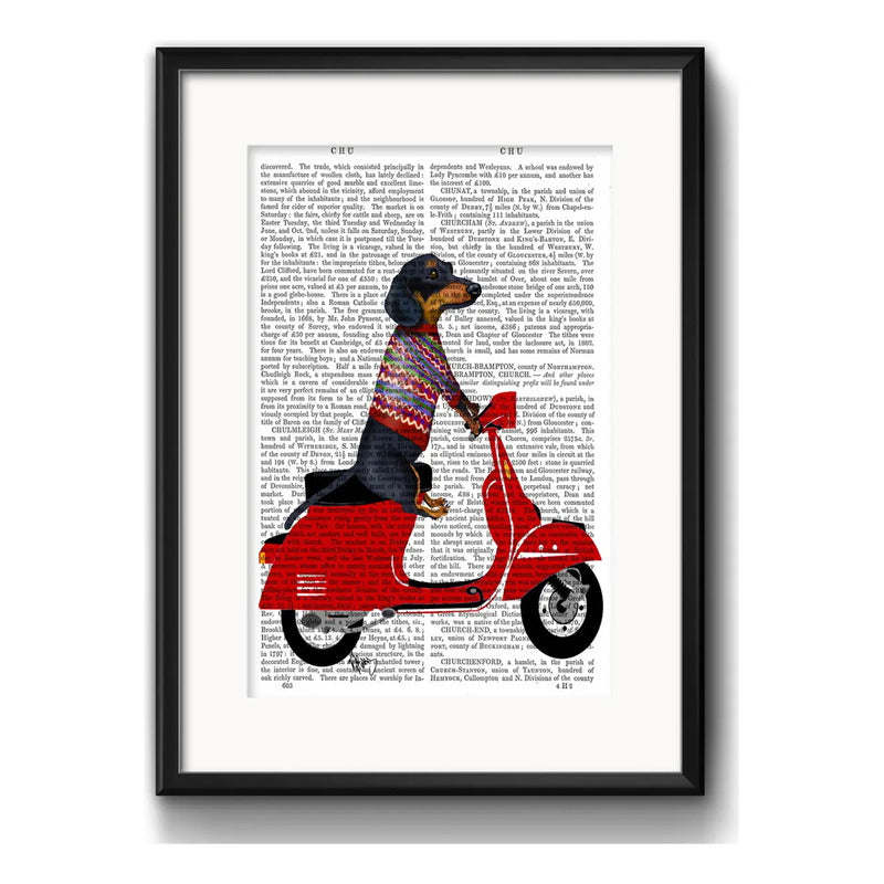 Cuadro Perro Dachshund Lambretta Retro Motoclub Con Paspartu Marco Negro