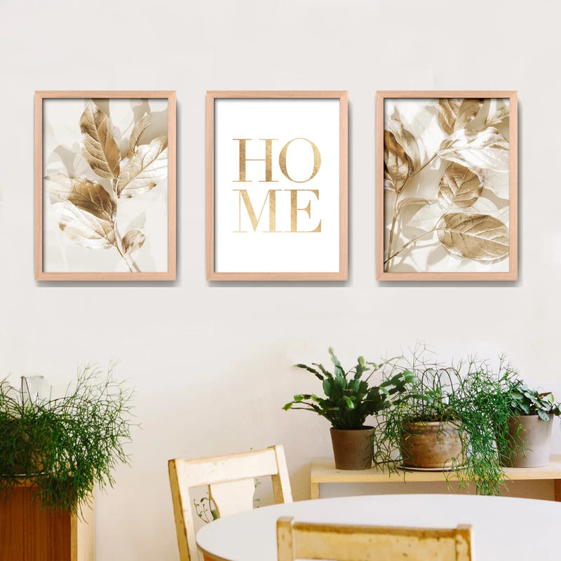 Set 3 Cuadros Hojas Doradas Home Botanica Tonos Suaves Marco Madera Natural Oak