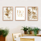 Set 3 Cuadros Hojas Doradas Home Botanica Tonos Suaves Marco Madera Natural Oak