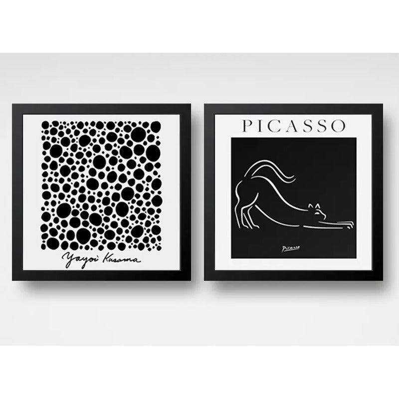 Set 2 Cuadros Yayoi Kusama Picasso Blanco Y Negro 33x33cm Marco Negro