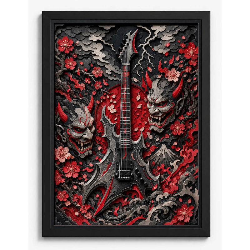 Cuadro Guitarra Rock Máscaras Oni Arte Japones Efecto 3d Marco Negro