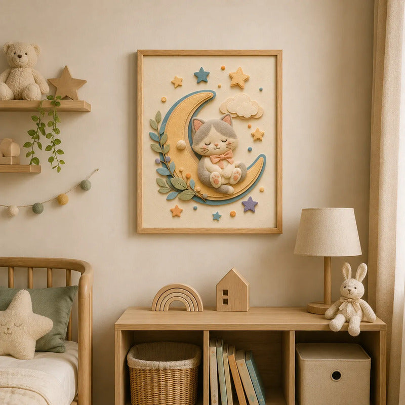 Cuadro Dormitorio Infantil Bebe Gato Luna Estrella Efecto 3d Marco Madera Oak Madera Clara