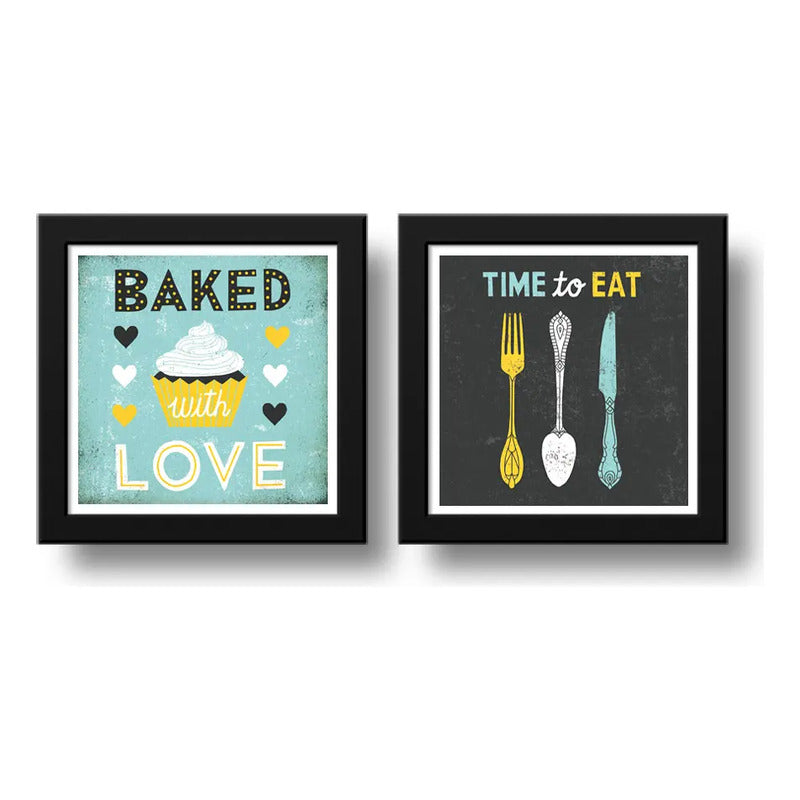 Set 2 Cuadros Cocina Baked Love Art Food Decoracion- 33x33cm Marco Negro