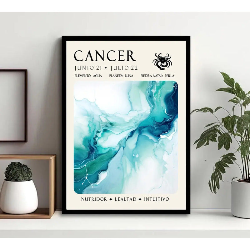 Cuadro Cancer Signo Astrologia Horoscopo Piedra Perla Marco Negro