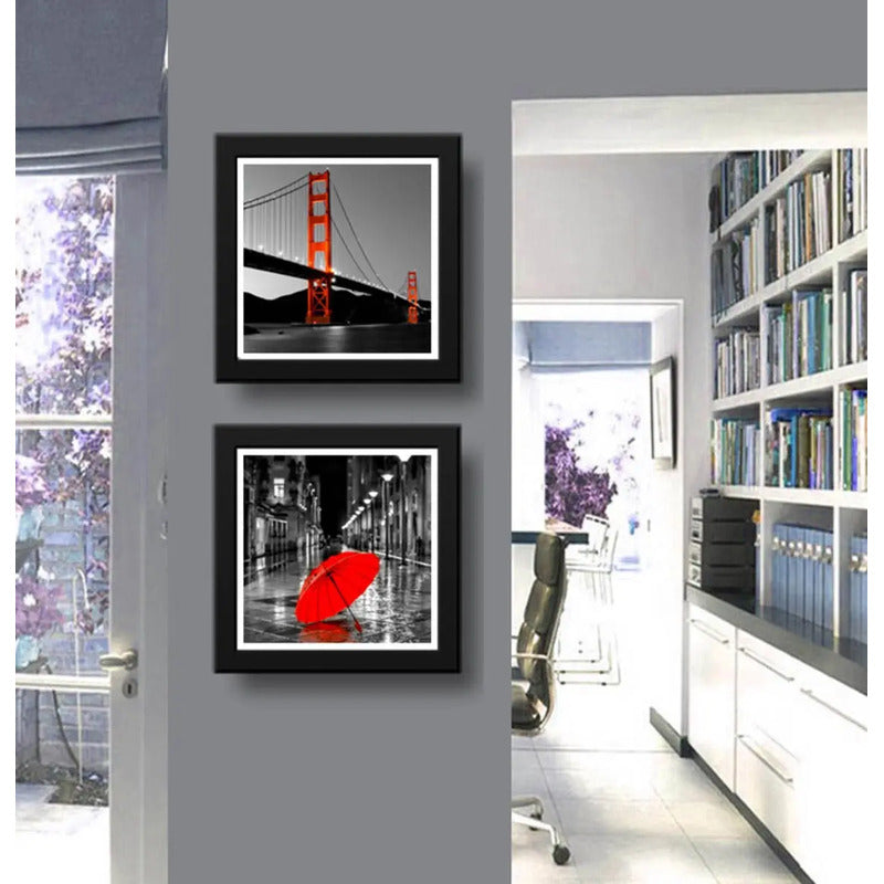 Set 2 Cuadros Paris Ciudad Y Puente De San Francisco 33x33cm Marco Negro