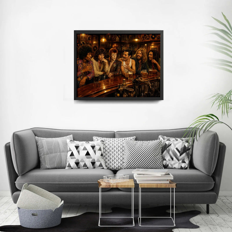 Cuadro Rockeros Famosos En El Bar Rock Stars 1 Retro 33x33cm Marco Negro