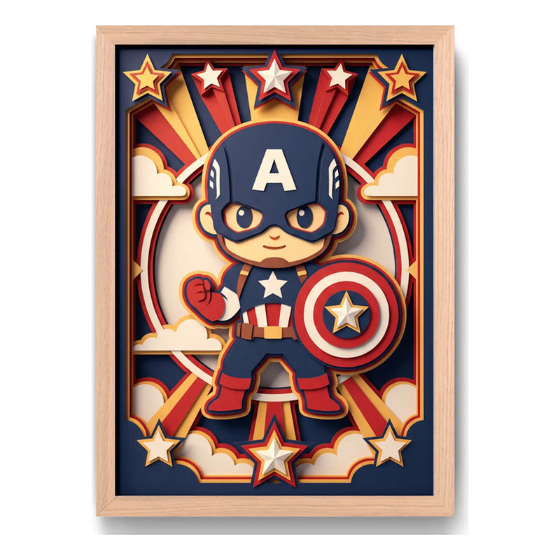 Cuadro Capitan America Superheroes 3d Dormitorio Infantil Marco Negro