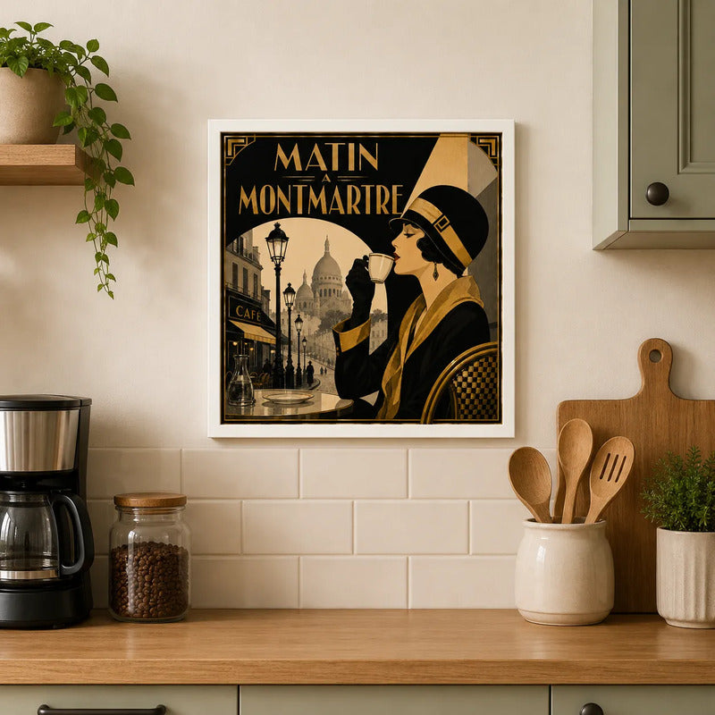 Cuadro Living Comedor Cocina Café Paris Art Déco 33x33cm Marco Blanco