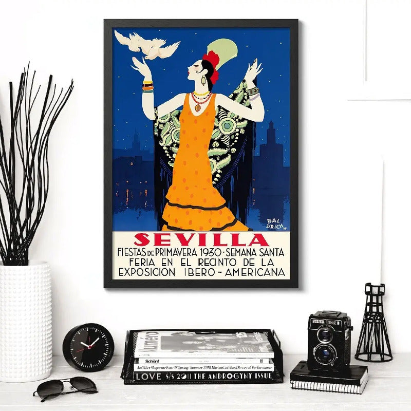Cuadro Ciudades Vintage Retro Espana Francia Brasil China Sevilla Espana Vintage 2 Marco Negro