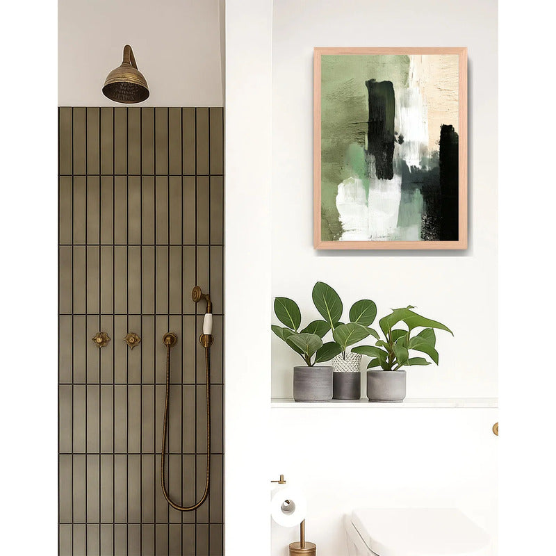 Cuadro Dormitorio Living Boho Abstracto Niebla Verde Oak Marco Marrón Claro
