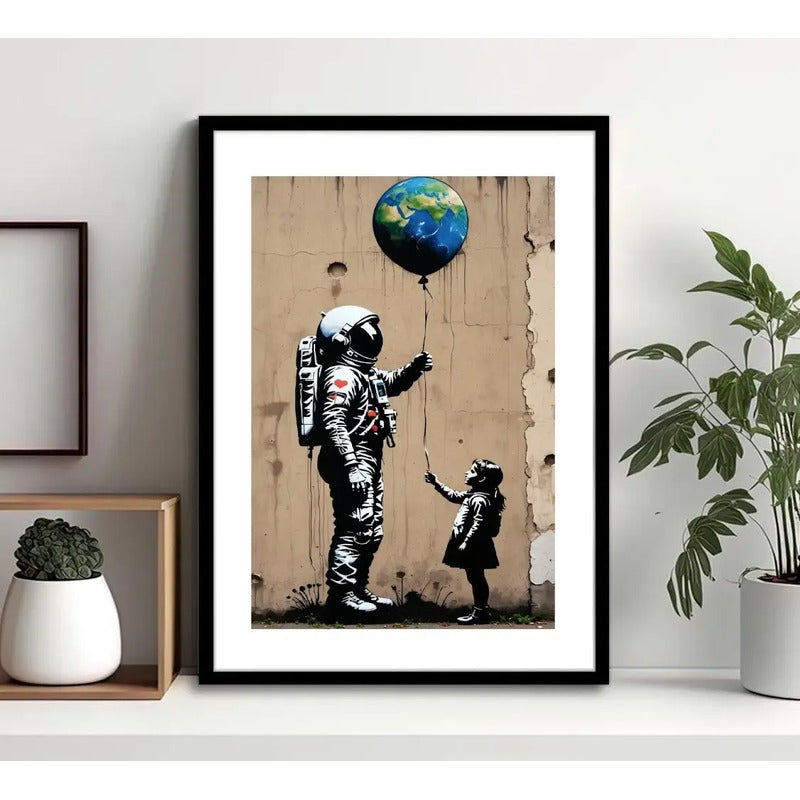 Cuadro Banksy Astronauta Niña Con Globo Tierra Arte Urbano Marco Negro