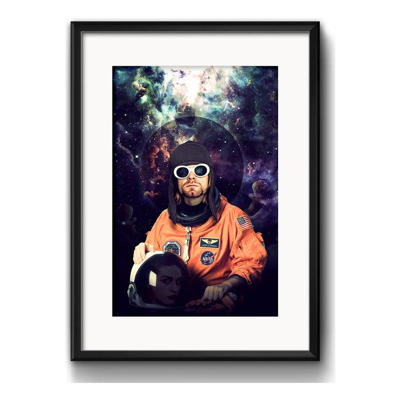 Cuadro Kurt Cobain Astronauta Nirvana Rock Con Paspartú Marco Negro