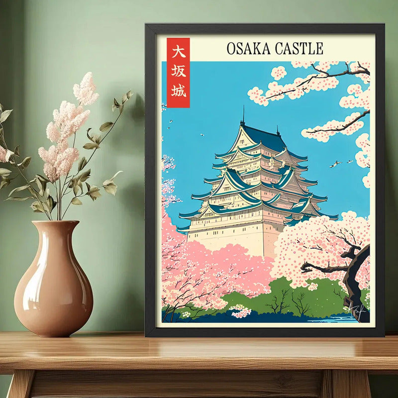 Cuadro Living Dormitorio Castillo Osaka Flores Arte Japonés Marco Negro