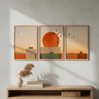 Set 3 Cuadros Dormitorio Living Boho Arte Abstracto Triptico Marco Marrón Claro