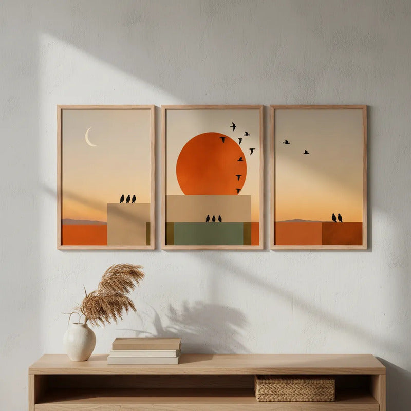 Set 3 Cuadros Dormitorio Living Boho Arte Abstracto Triptico Marco Marrón Claro