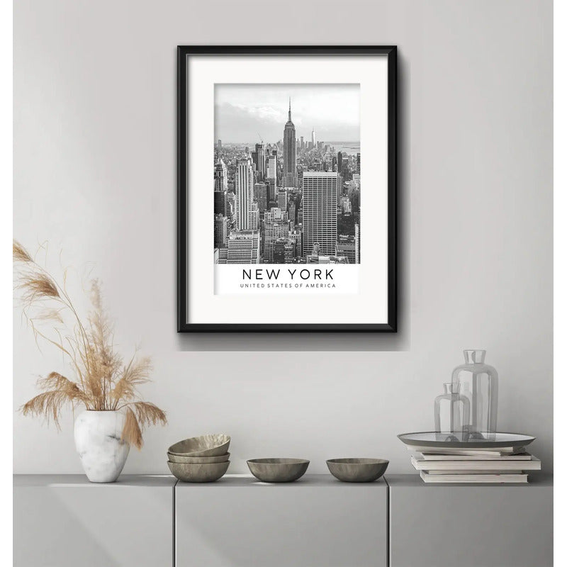 Cuadro New York Blanco Negro Foto B1 53x43cm Con Paspartú Marco Negro