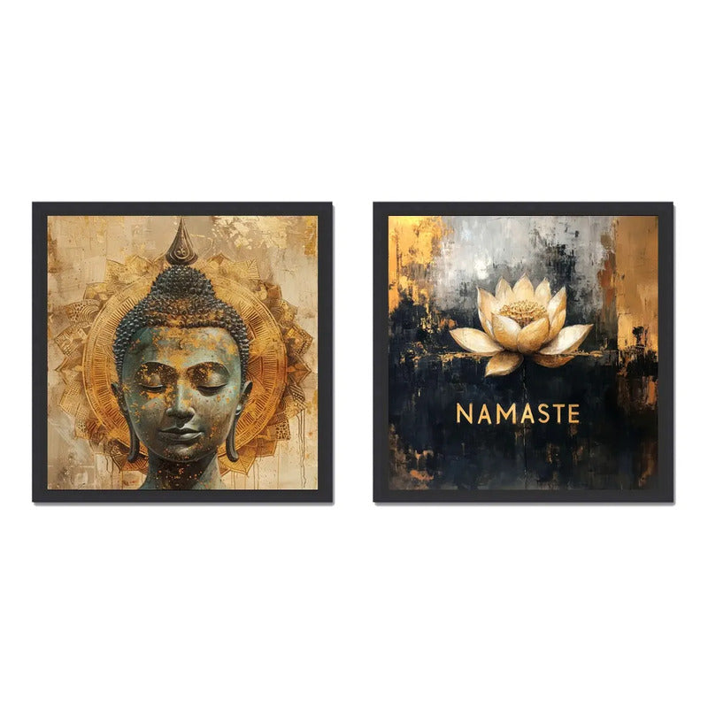 Set 2 Cuadros Buda Flor De Loto Feng Shui Zen Casa - 33x33cm Buda Namaste Negro