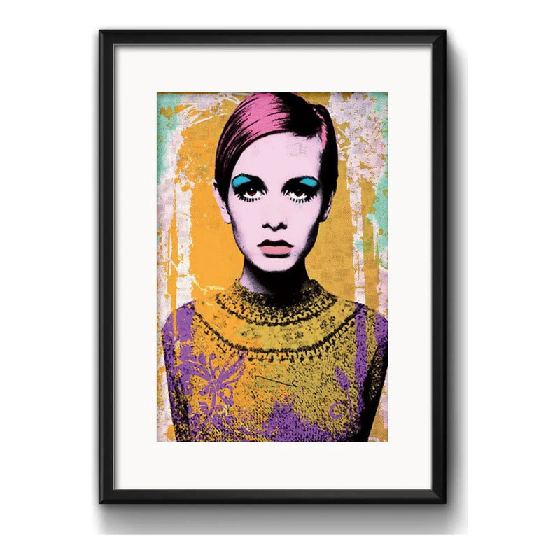 Cuadro Twiggy Pop Art Colores Fashion Moda Con Paspartu Marco Negro