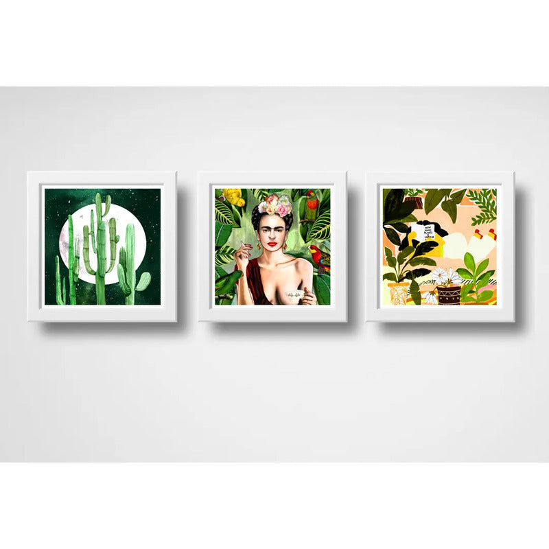Set 3 Cuadros Frida Naturaleza Cactus Hojas Arte Botanico