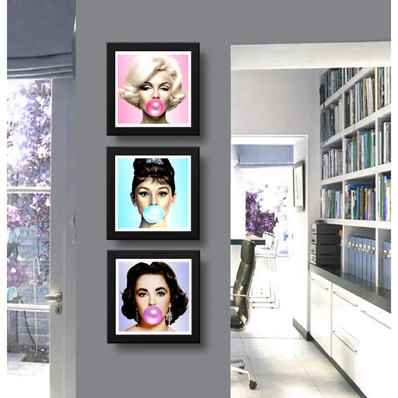 Set 3 Cuadros Marilyn Monroe Chicle Audrey Elizabeth Pop Art