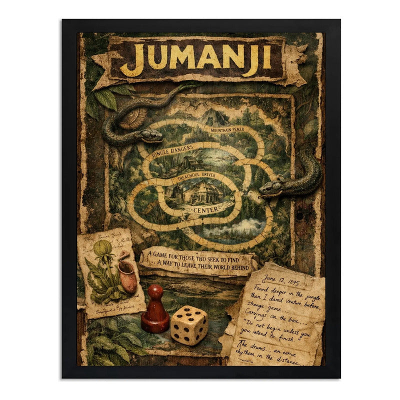 Cuadro Jumanji En La Selva Pelicula Mapa Tablero Arte Retro Marco Negro