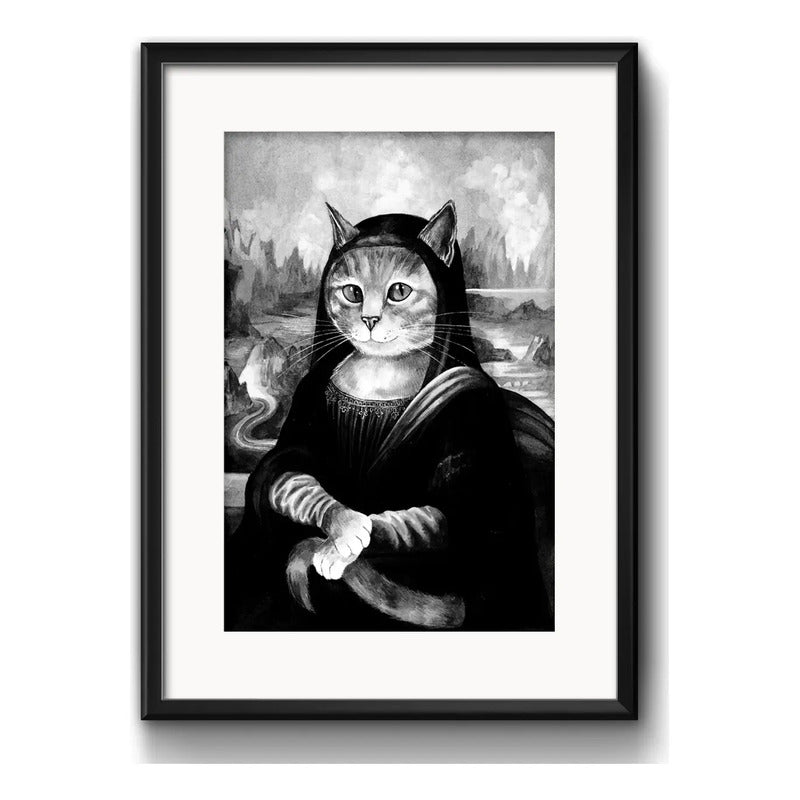 Cuadro Gato Monalisa Blanco Y Negro Decoracion Con Paspartú Marco Negro