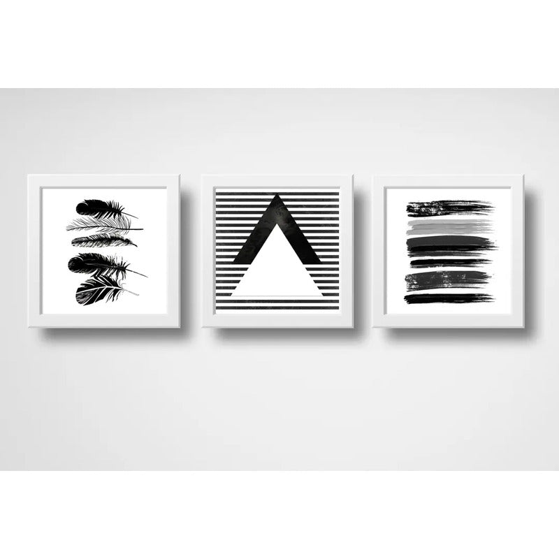 Set 3 Cuadros Geometrico Abstracto Blanco Y Negro Decoracion