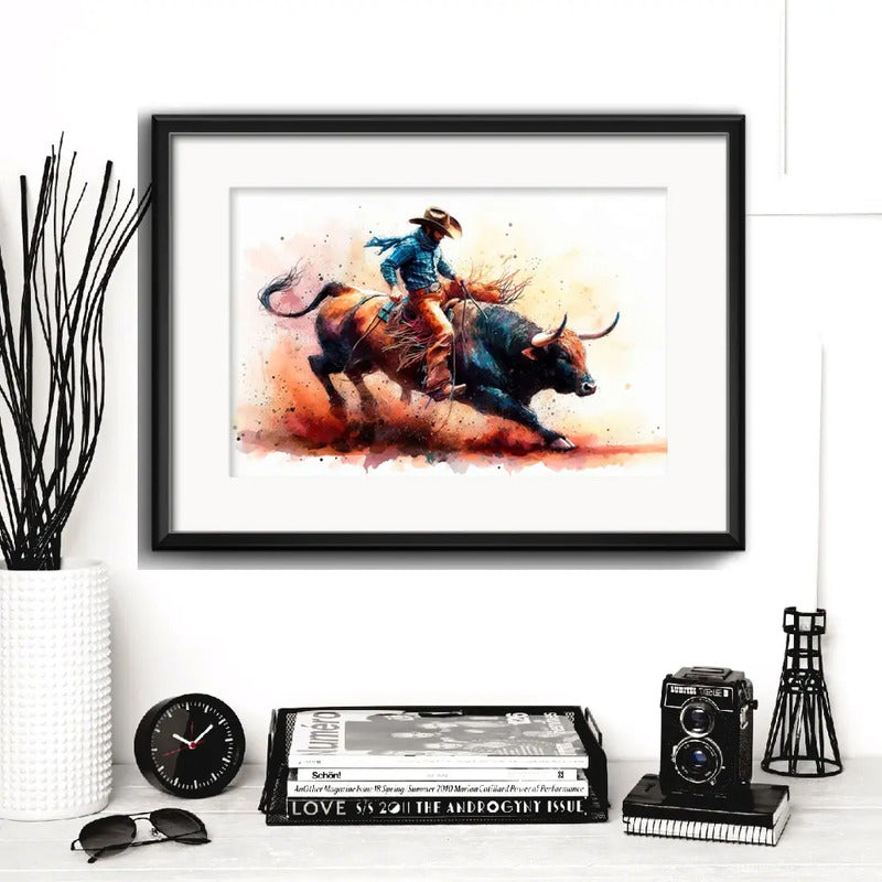Cuadro Rodeo Jinete Pop Art Toro Decoracion Con Paspartú Modelo 1 Con Marco Negro