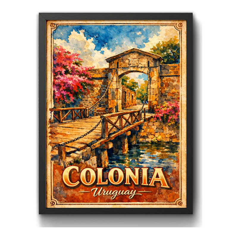 Cuadro Colonia Del Sacramento Puerta Ciudadela Retro Uruguay Marco Negro